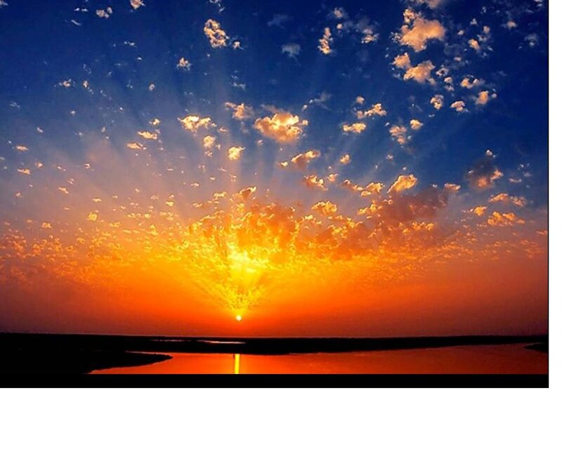 Sunset over Water — Orange, Dramatic, Photograph, Sun, Clouds, River
