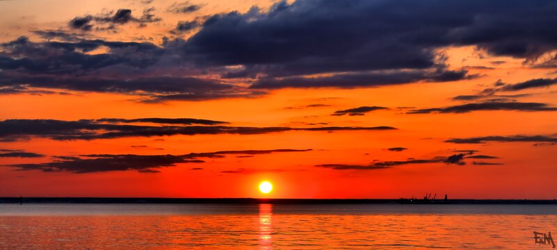 Sunset over Water — Orange, Dramatic, Photograph, Sun, Clouds, Ship