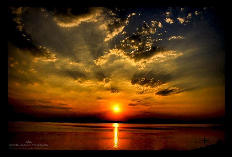 Sunset over Water — Orange, Dramatic, Photograph, Sun, Clouds, Silhouette