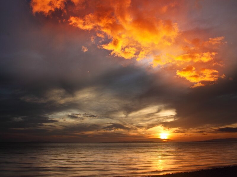 Sunset over Water — Orange, Dramatic, Photograph, Sun, Clouds, Yellow
