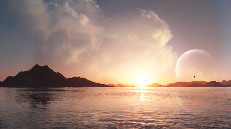 Sunset over Water — Orange, Serene, 3d Render