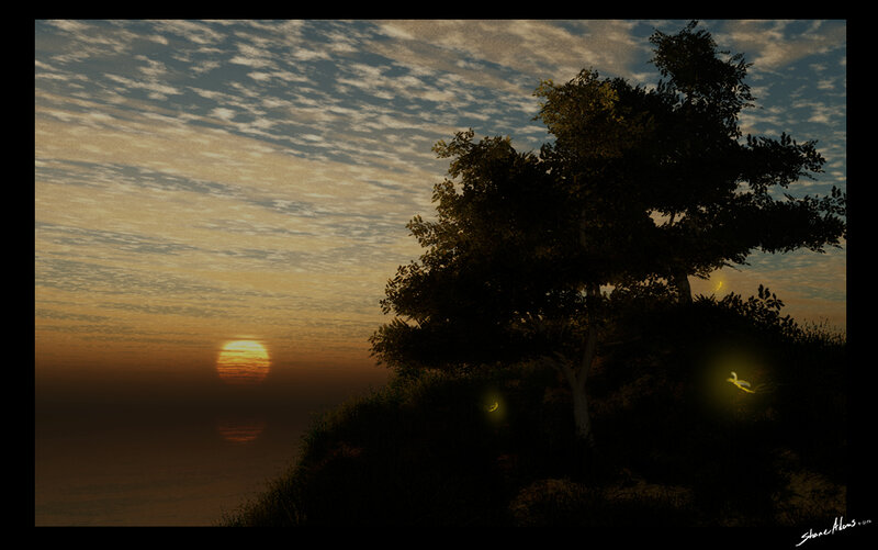 Sunset over Water — Orange, Serene, Digital Art, Tree
