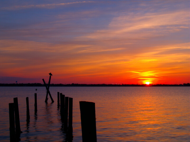 Sunset over Water — Orange, Serene, Photograph, Bird, Pilings