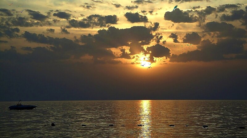 Sunset over Water — Orange, Serene, Photograph, Boat