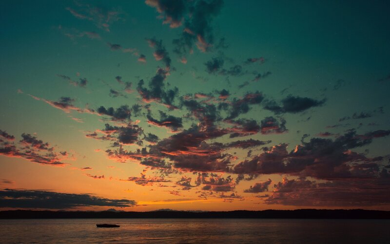 Sunset over Water — Orange, Serene, Photograph, Clouds, Boat
