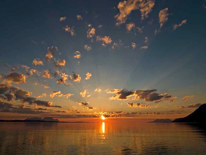 Sunset over Water — Orange, Serene, Photograph, Clouds, Mountains, Reflection