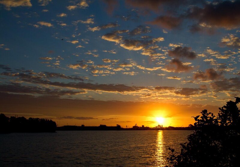 Sunset over Water — Orange, Serene, Photograph, Clouds