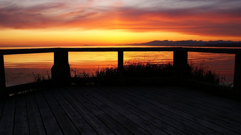 Sunset over Water — Orange, Serene, Photograph, Deck, Railing