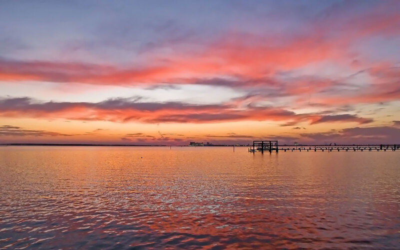 Sunset over Water — Orange, Serene, Photograph, Dock