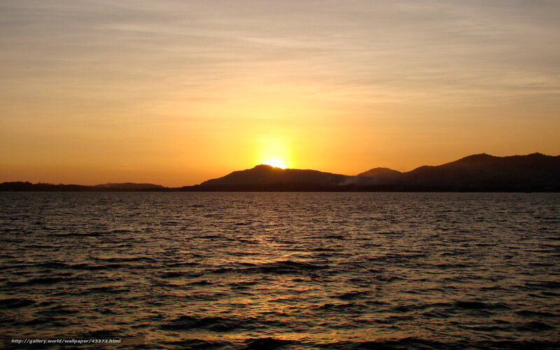 Sunset over Water — Orange, Serene, Photograph, Mountains, Sun