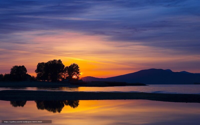 Sunset over Water — Orange, Serene, Photograph, Mountains, Trees, Reflection
