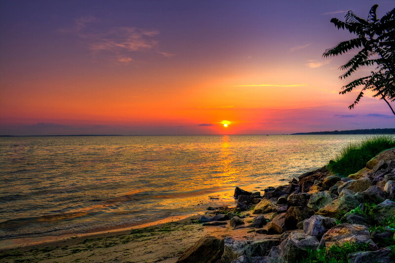 Sunset over Water — Orange, Serene, Photograph, Rocks
