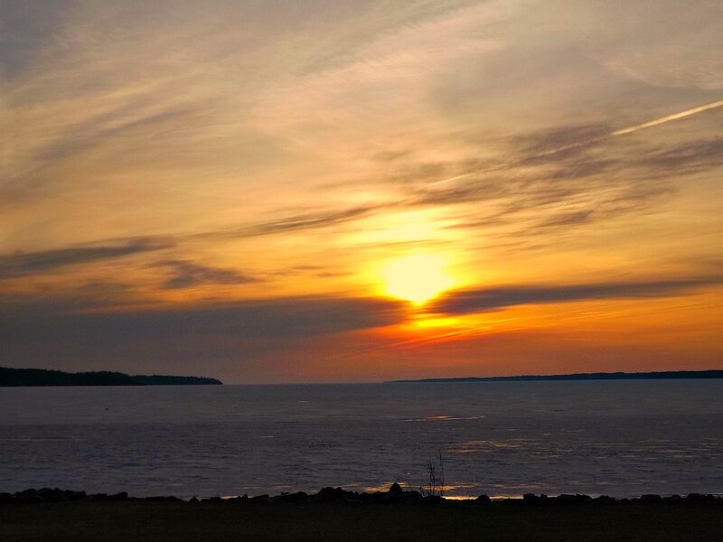Sunset over Water — Orange, Serene, Photograph, Sky, Clouds, Land