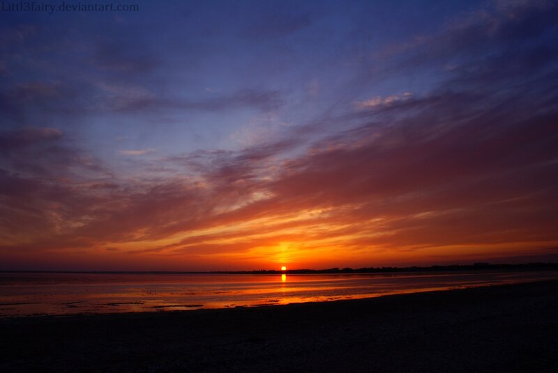 Sunset over Water — Orange, Serene, Photograph, Sky, Clouds, Reflection
