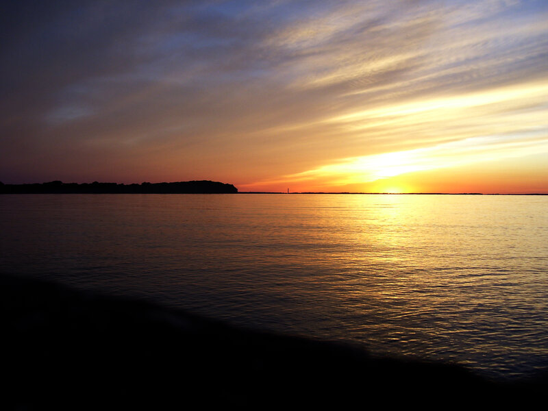 Sunset over Water — Orange, Serene, Photograph, Sky, Land