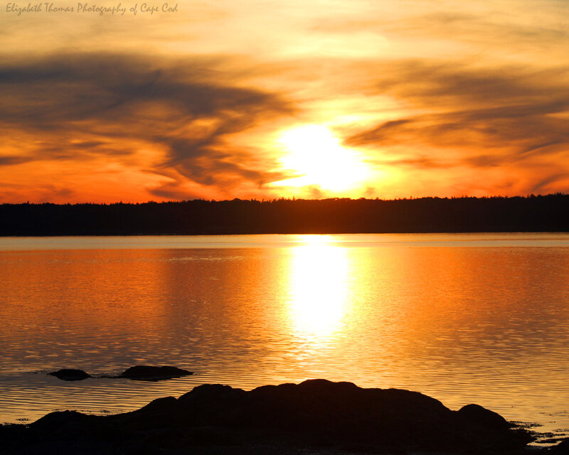 Sunset over Water — Orange, Serene, Photograph, Sky, Rocks