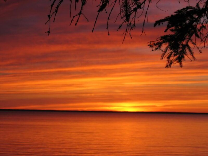 Sunset over Water — Orange, Serene, Photograph, Sky, Tree Branches