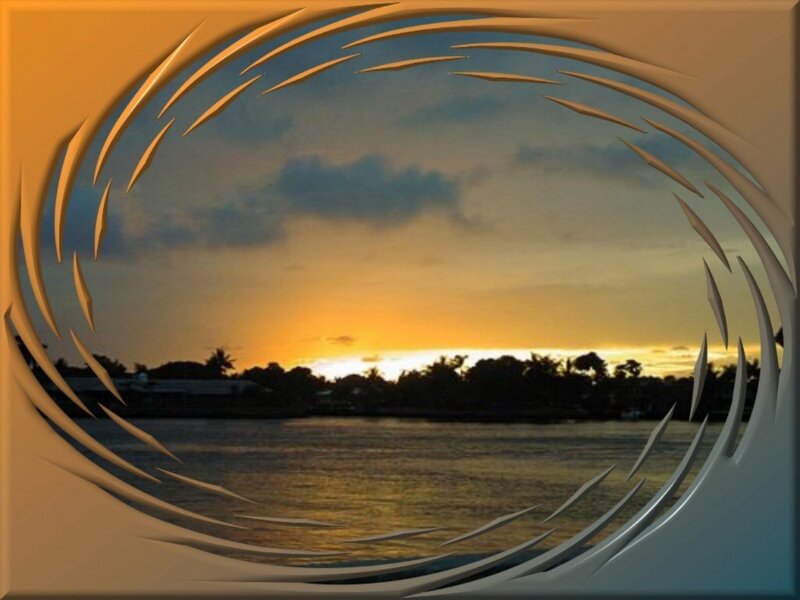Sunset over Water — Orange, Serene, Photograph, Sky, Trees, Blue