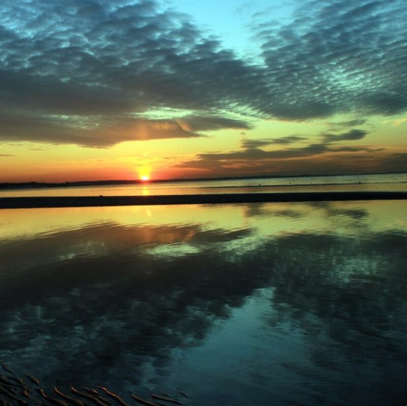 Sunset over Water — Orange, Serene, Photograph, Sun, Clouds, Beach