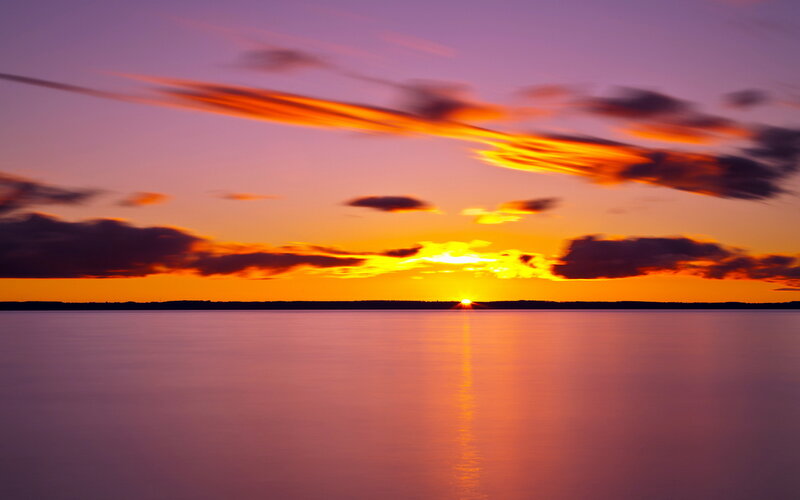 Sunset over Water — Orange, Serene, Photograph, Sun, Clouds, Horizon