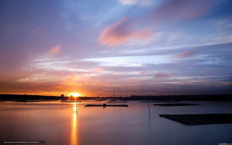 Sunset over Water — Orange, Serene, Photograph, Sun, Clouds, Platforms