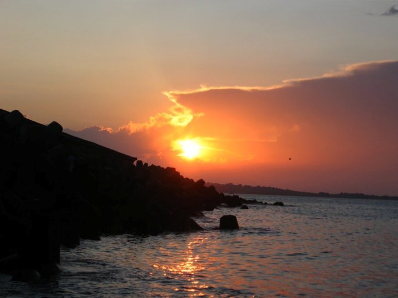 Sunset over Water — Orange, Serene, Photograph, Sun, Clouds