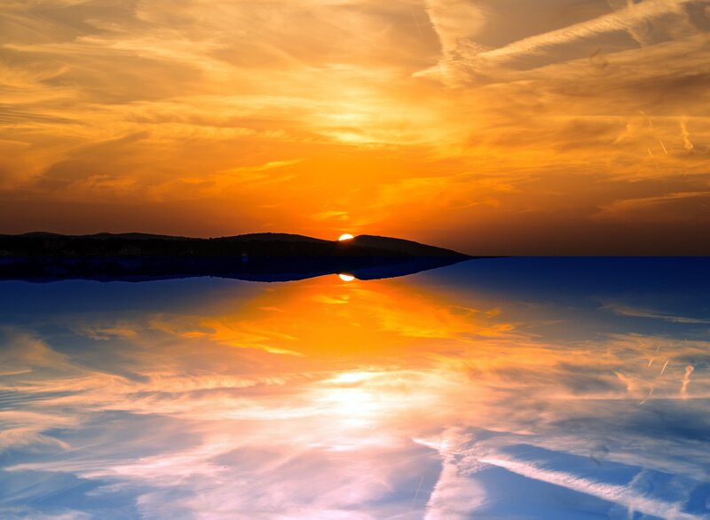 Sunset over Water — Orange, Serene, Photograph, Sun, Mountain