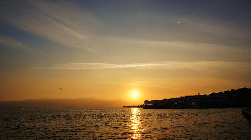 Sunset over Water — Orange, Serene, Photograph, Sun, Mountains