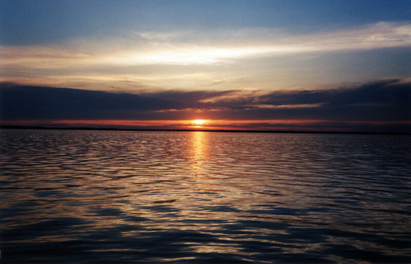 Sunset over Water — Orange, Serene, Photograph, Sun, Sky, Clouds