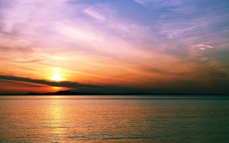 Sunset over Water — Orange, Serene, Photograph, Sun, Sky