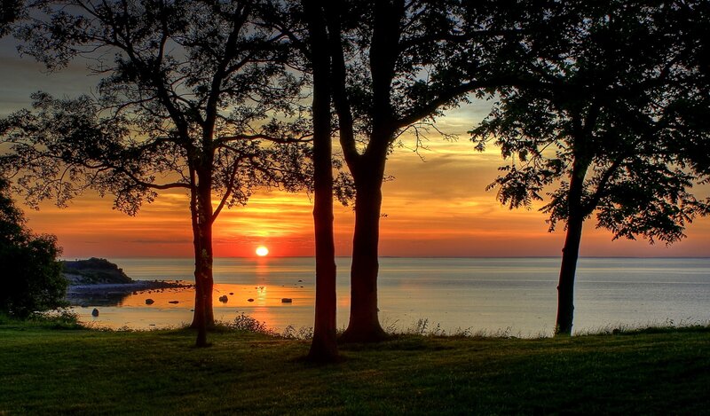 Sunset over Water — Orange, Serene, Photograph, Trees, Sky