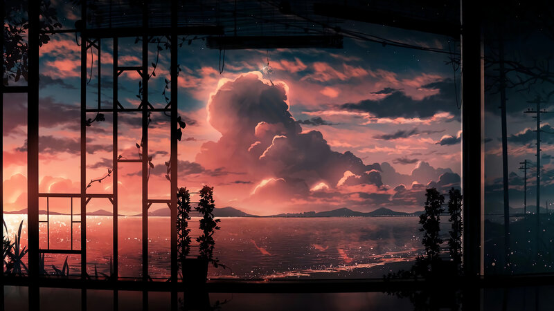 Sunset over Water — Pink, Serene, Digital Art, Clouds
