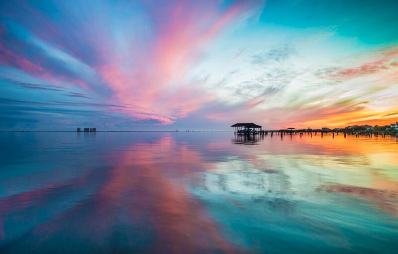 Sunset over Water — Pink, Serene, Photograph, Dock