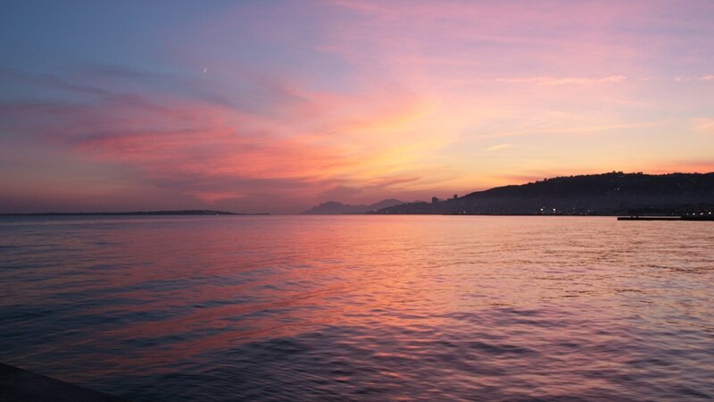 Sunset over Water — Pink, Serene, Photograph, Mountain