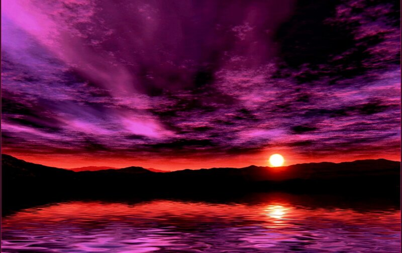 Sunset over Water — Purple, Dramatic, Digital Art, Sun, Mountains