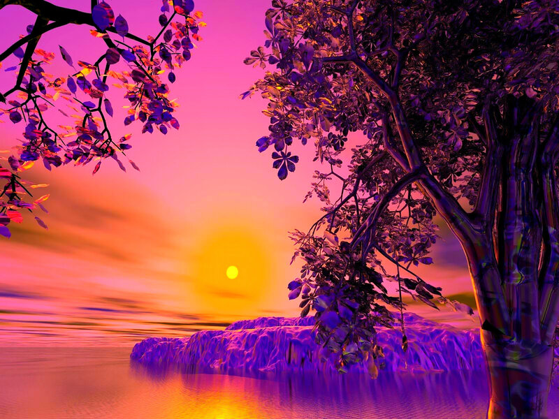 Sunset over Water — Purple, Dramatic, Digital Art, Trees, Sun