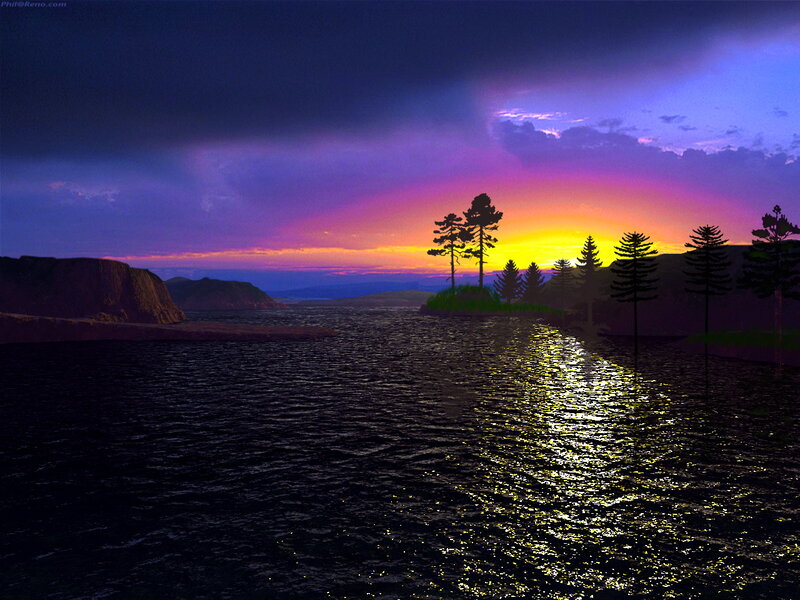Sunset over Water — Purple, Dramatic, Digital Art, Trees