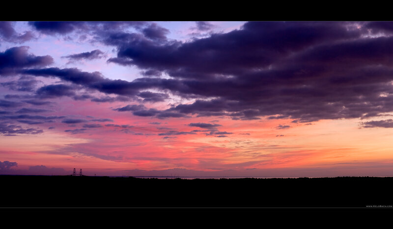 Sunset over Water — Purple, Dramatic, Photograph, Clouds, Bridge