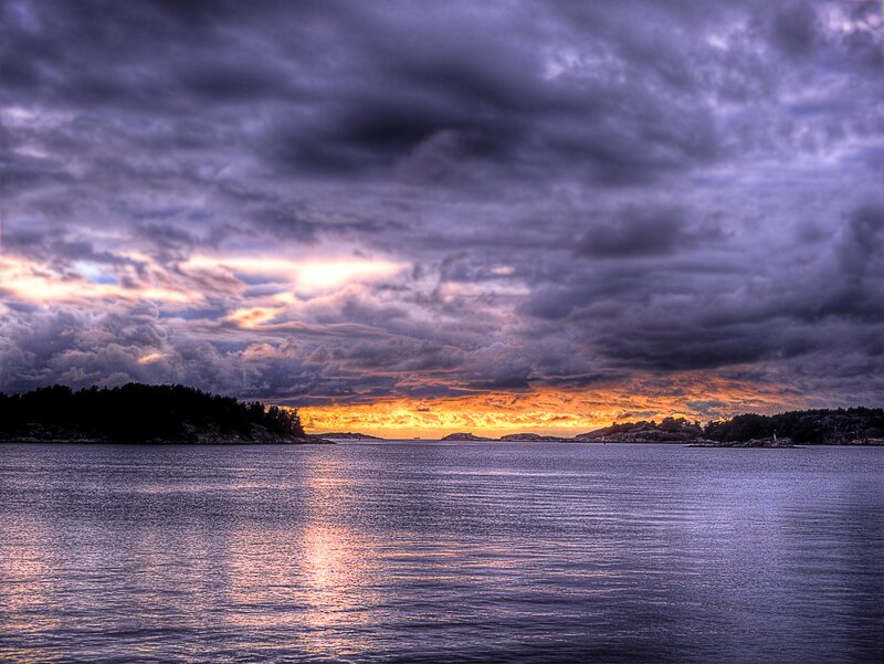 Sunset over Water — Purple, Dramatic, Photograph, Clouds, Islands