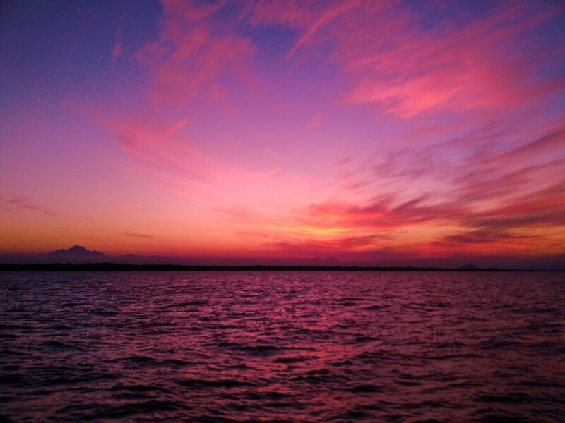 Sunset over Water — Purple, Dramatic, Photograph, Sky, Mountain