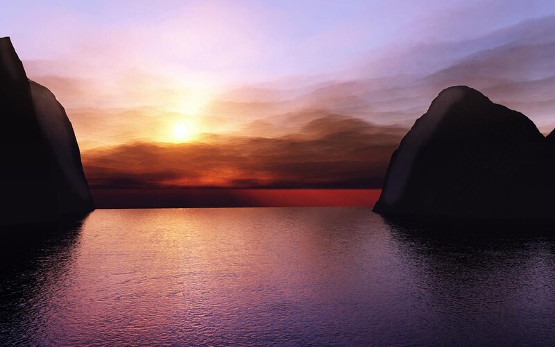 Sunset over Water — Purple, Serene, Digital Art, Rocks