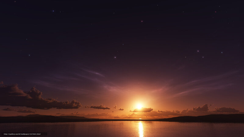 Sunset over Water — Purple, Serene, Digital Art, Sun, Clouds, Mountains