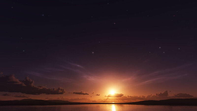 Sunset over Water — Purple, Serene, Digital Art, Sun, Clouds, Sky, Orange