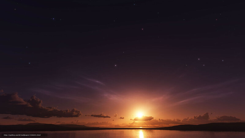 Sunset over Water — Purple, Serene, Digital Art, Sun, Clouds