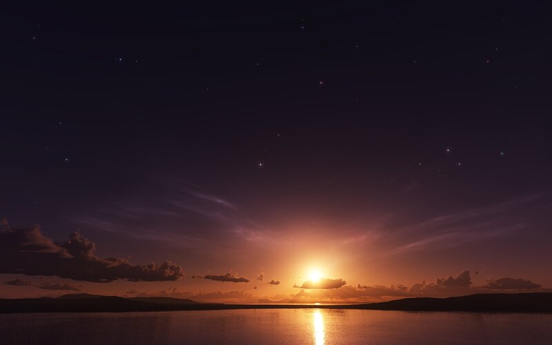 Sunset over Water — Purple, Serene, Digital Art, Sun