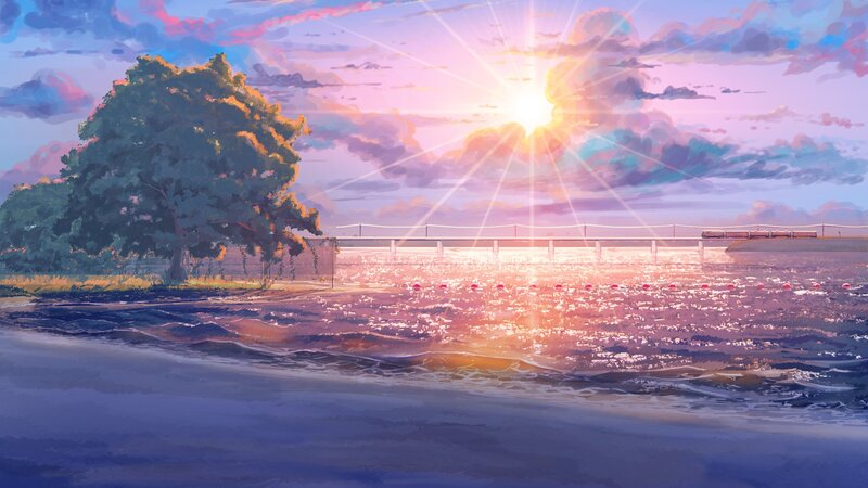 Sunset over Water — Purple, Serene, Digital Art, Tree
