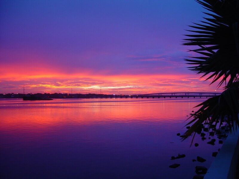 Sunset over Water — Purple, Serene, Photograph, Bridge