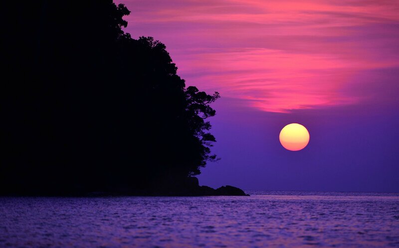 Sunset over Water — Purple, Serene, Photograph, Sun, Tree