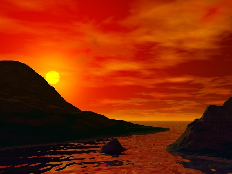 Sunset over Water — Red, Dramatic, 3d Render, Mountain