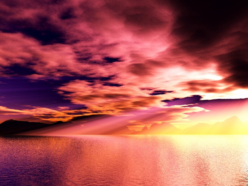 Sunset over Water — Red, Dramatic, Digital Art, Mountains